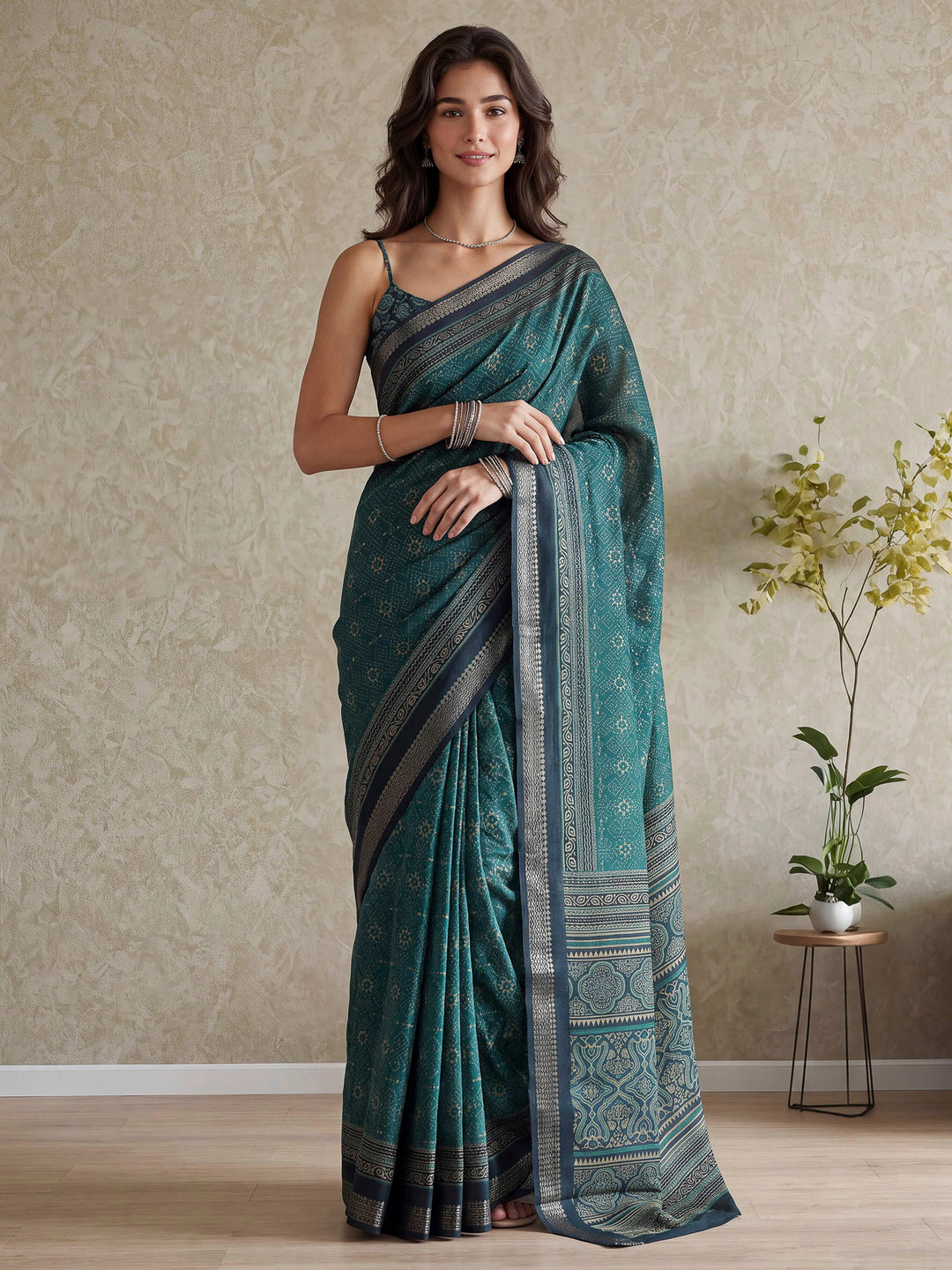 Teal Blue Cotton Blend Printed Saree