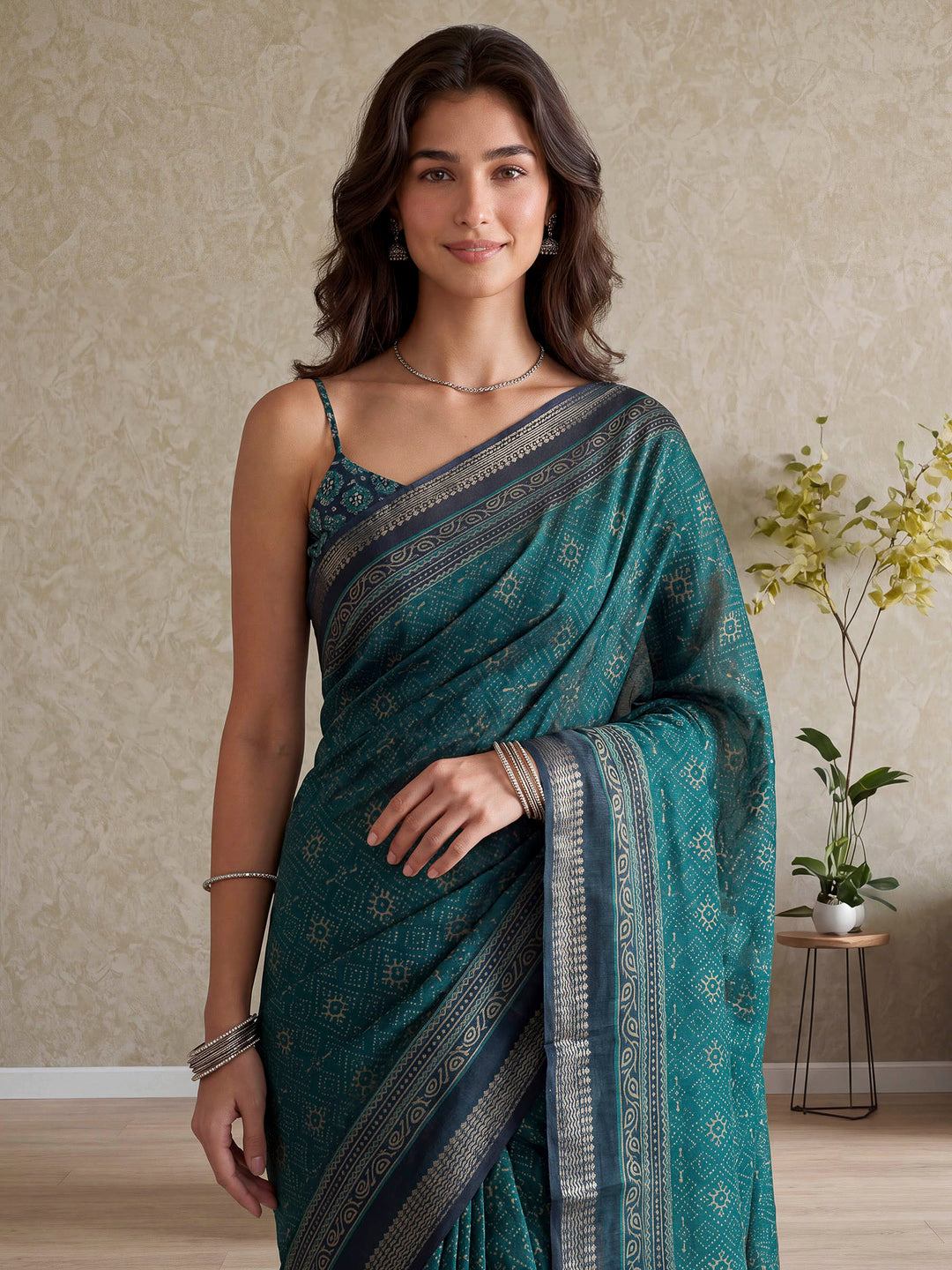 Teal Blue Cotton Blend Printed Saree