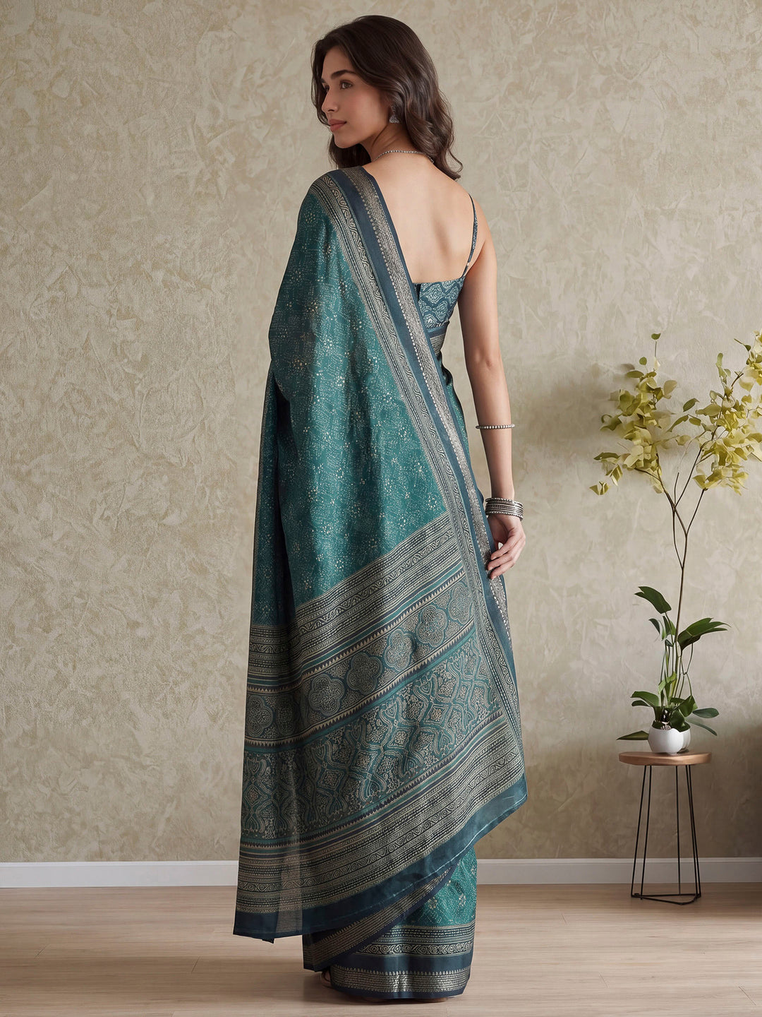 Teal Blue Cotton Blend Printed Saree