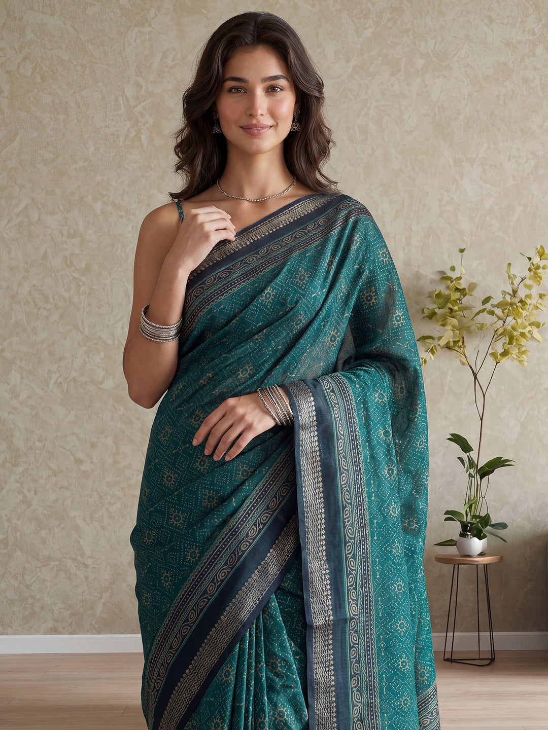 Teal Blue Cotton Blend Printed Saree