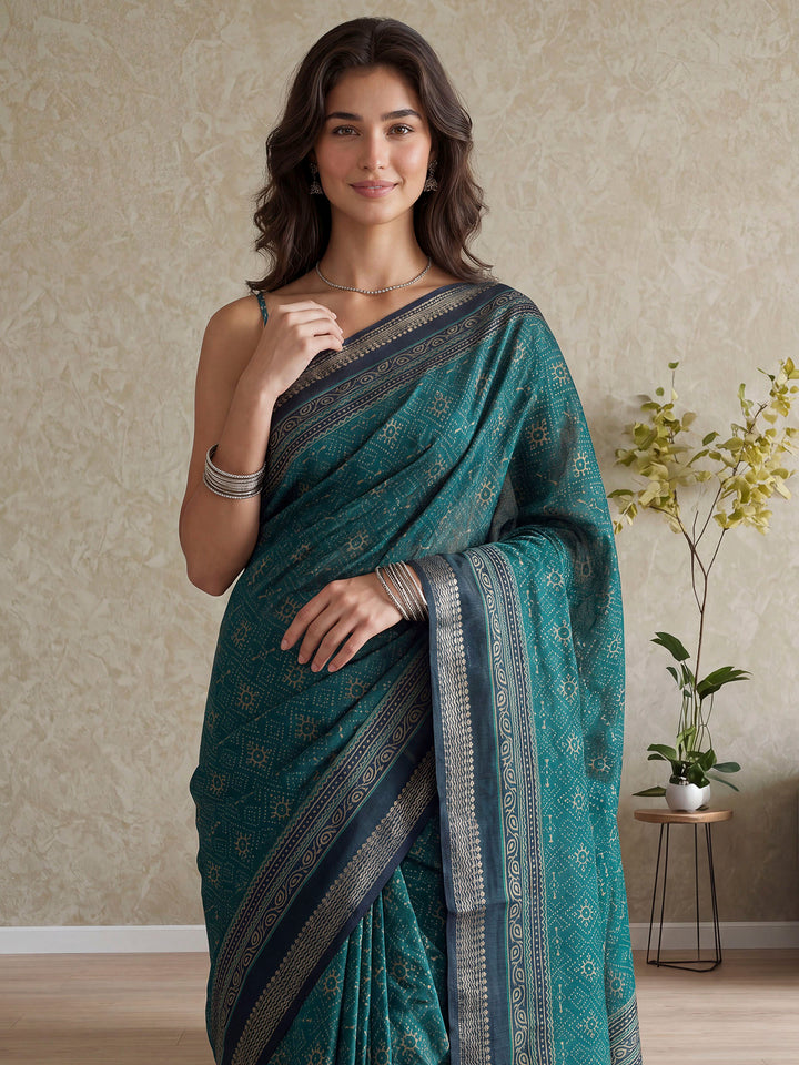 Teal Blue Cotton Blend Printed Saree