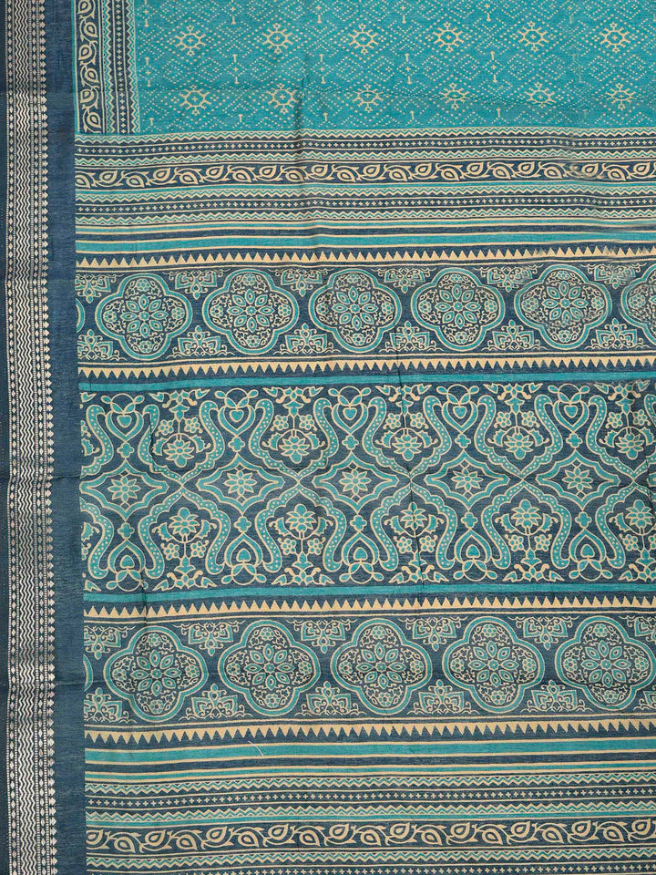 Teal Blue Cotton Blend Printed Saree