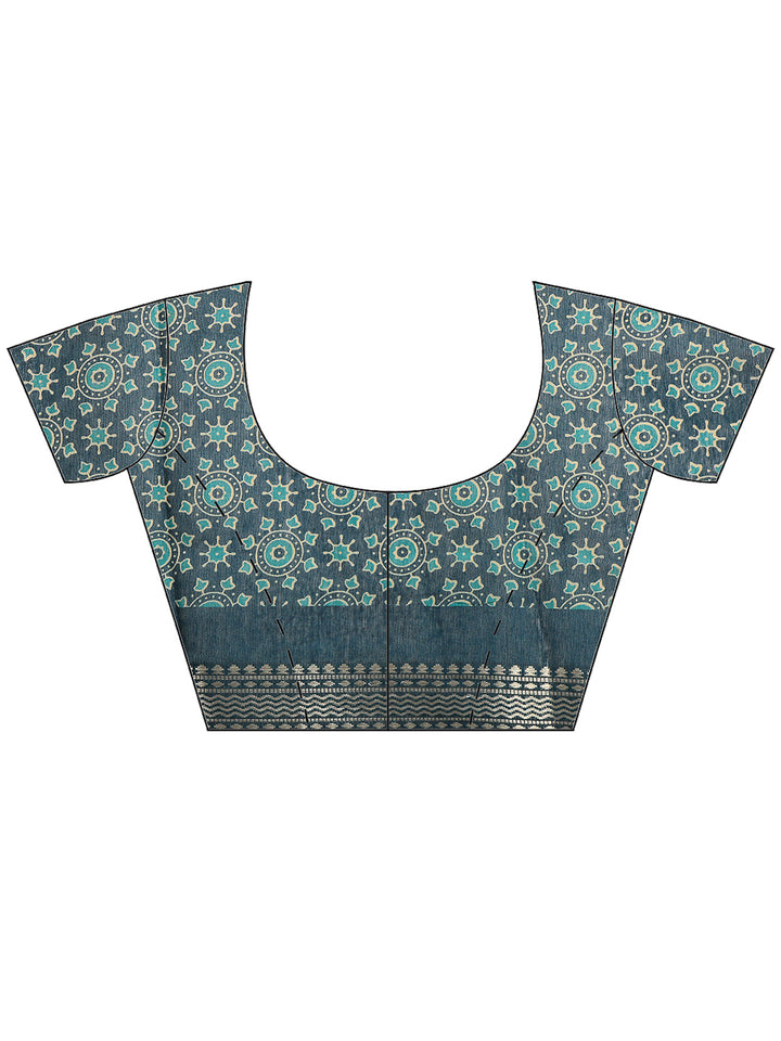 Teal Blue Cotton Blend Printed Saree
