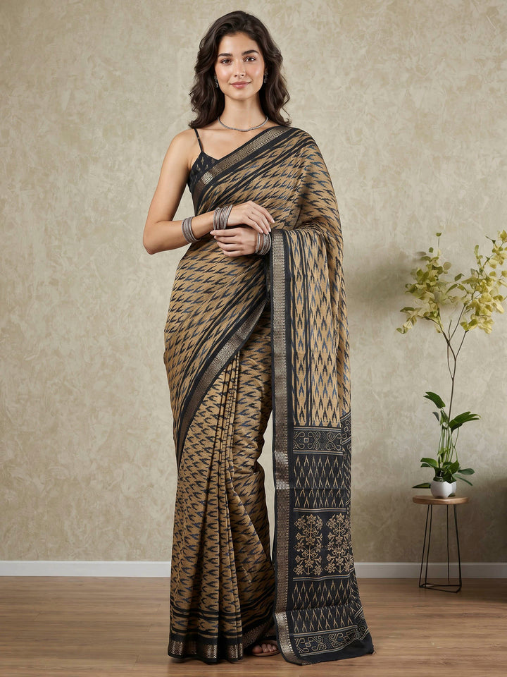 Blue Cotton Blend Printed Saree
