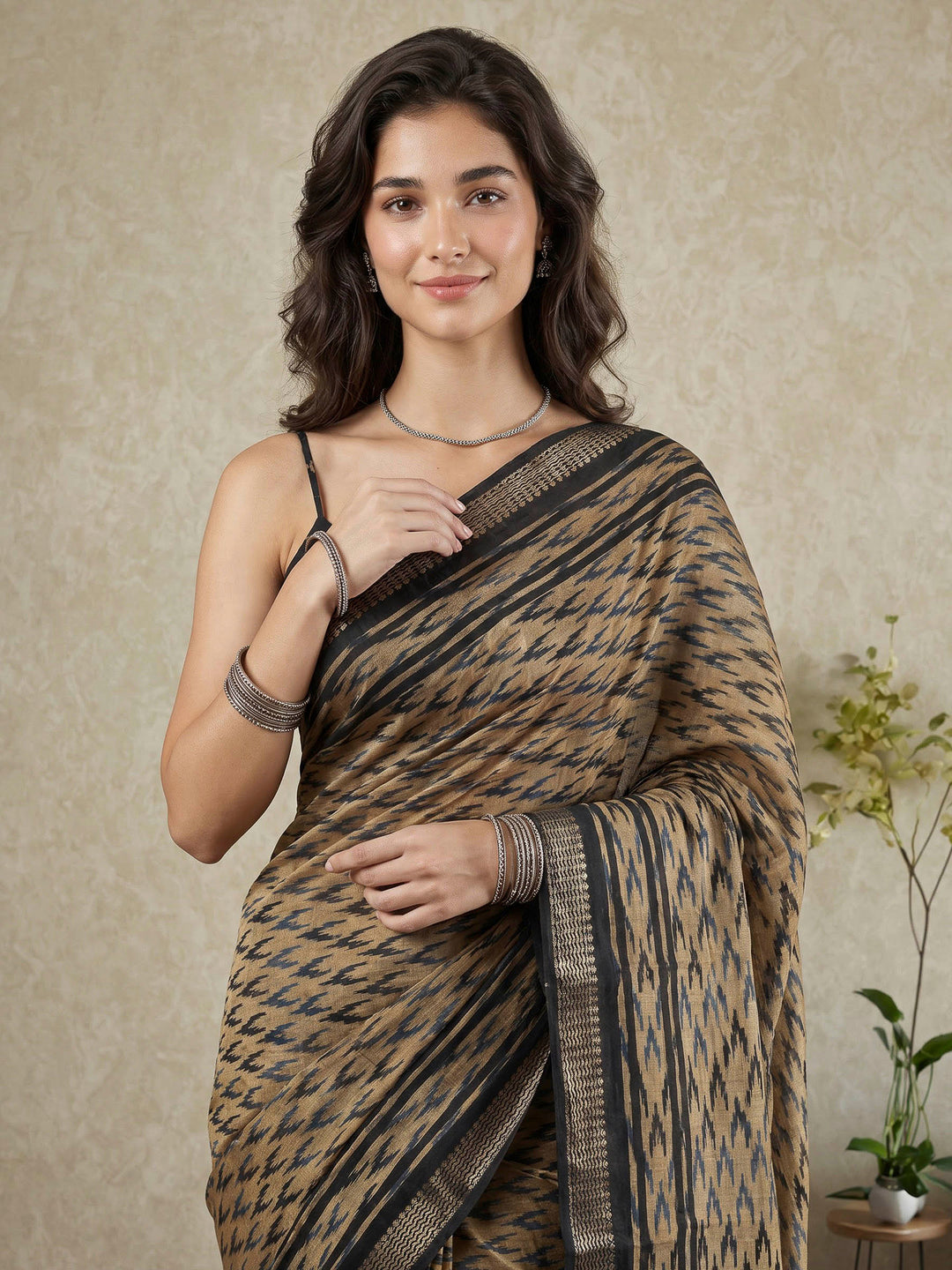Blue Cotton Blend Printed Saree