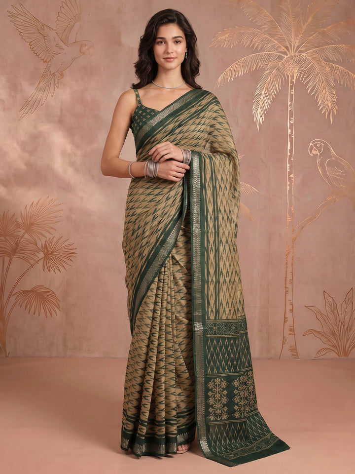 Green Cotton Blend Printed Saree