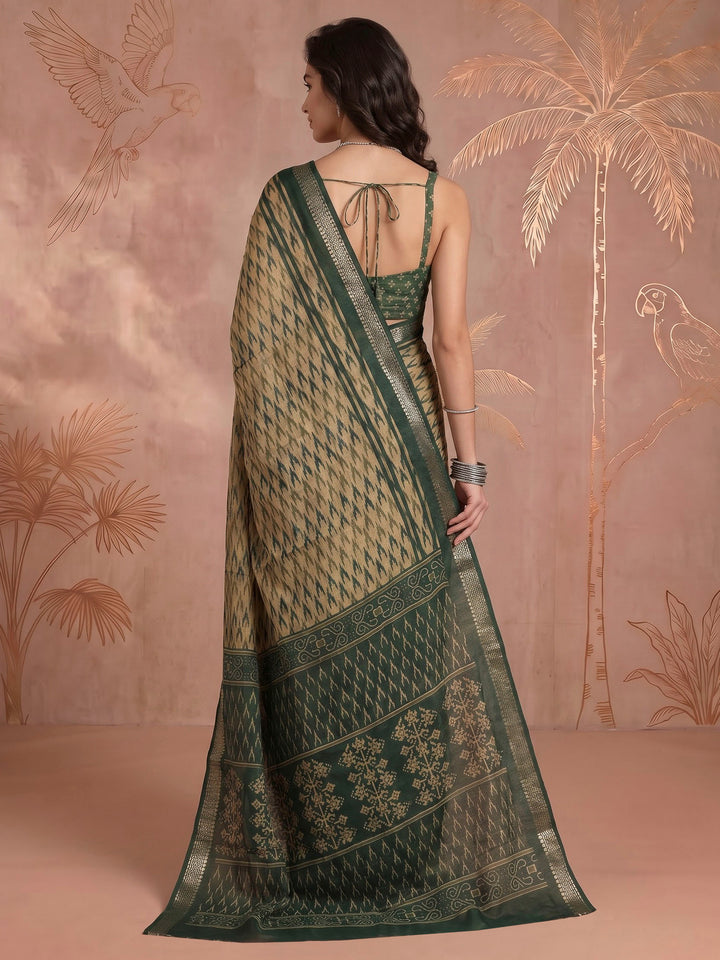 Green Cotton Blend Printed Saree