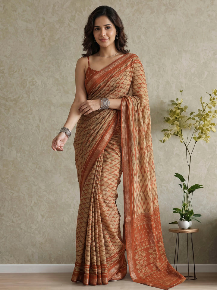 Rust Cotton Blend Printed Saree