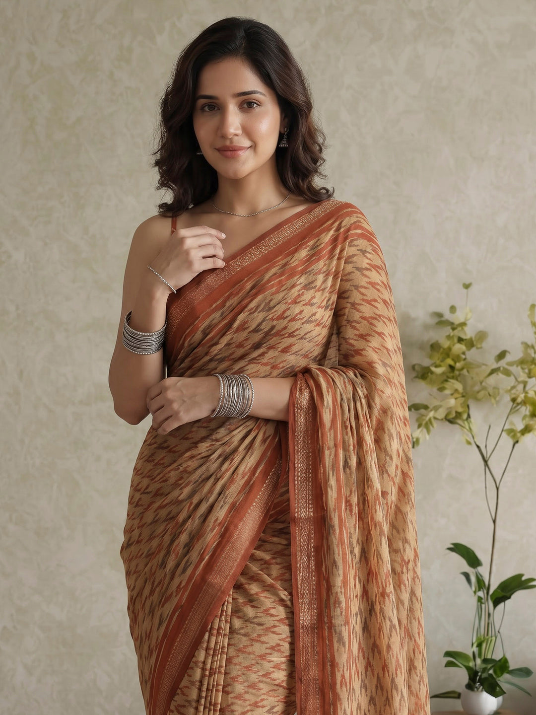 Rust Cotton Blend Printed Saree