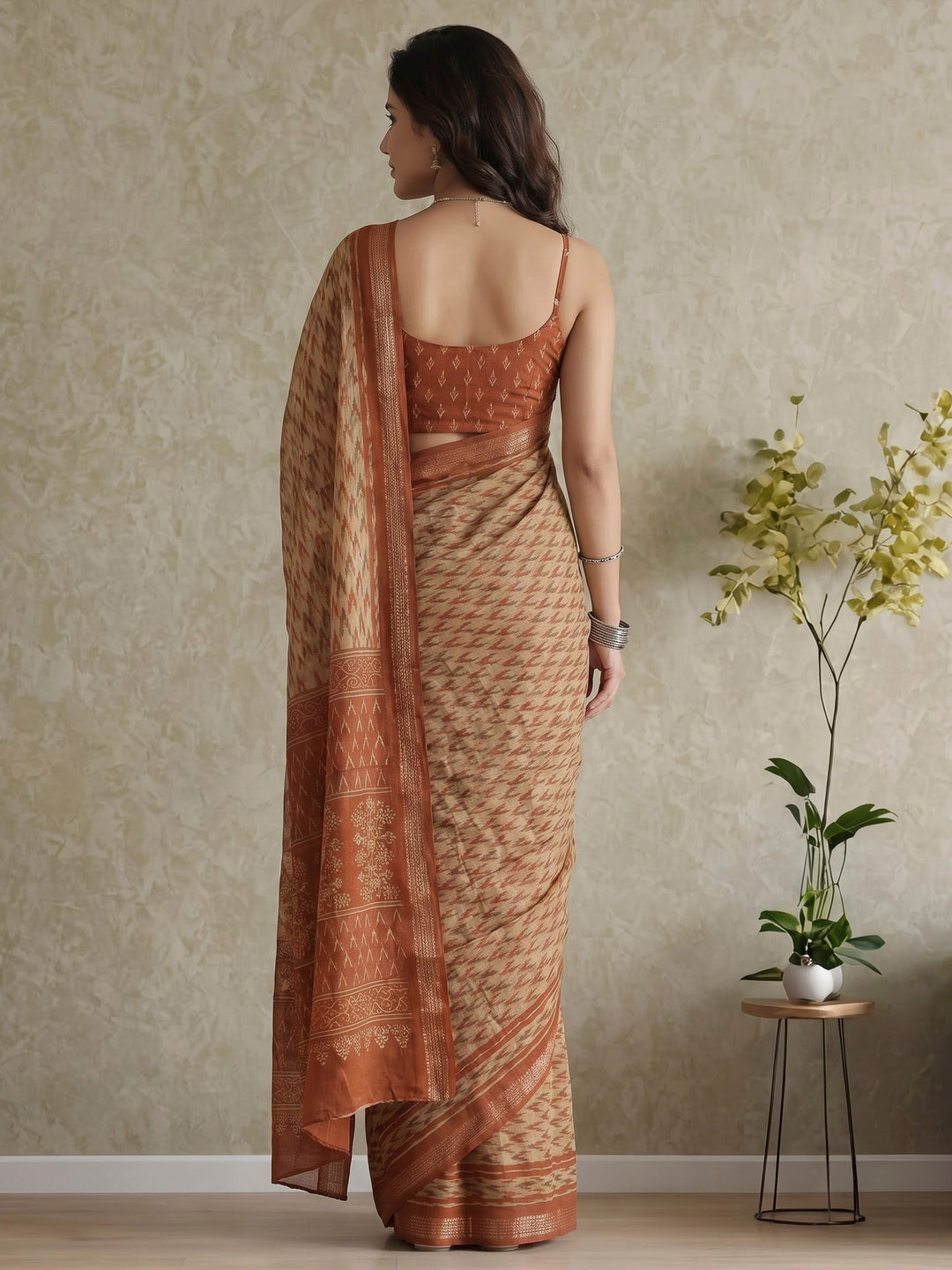 Rust Cotton Blend Printed Saree
