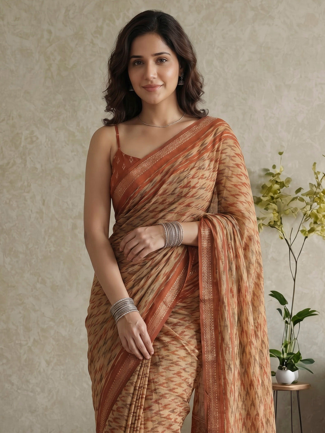 Rust Cotton Blend Printed Saree