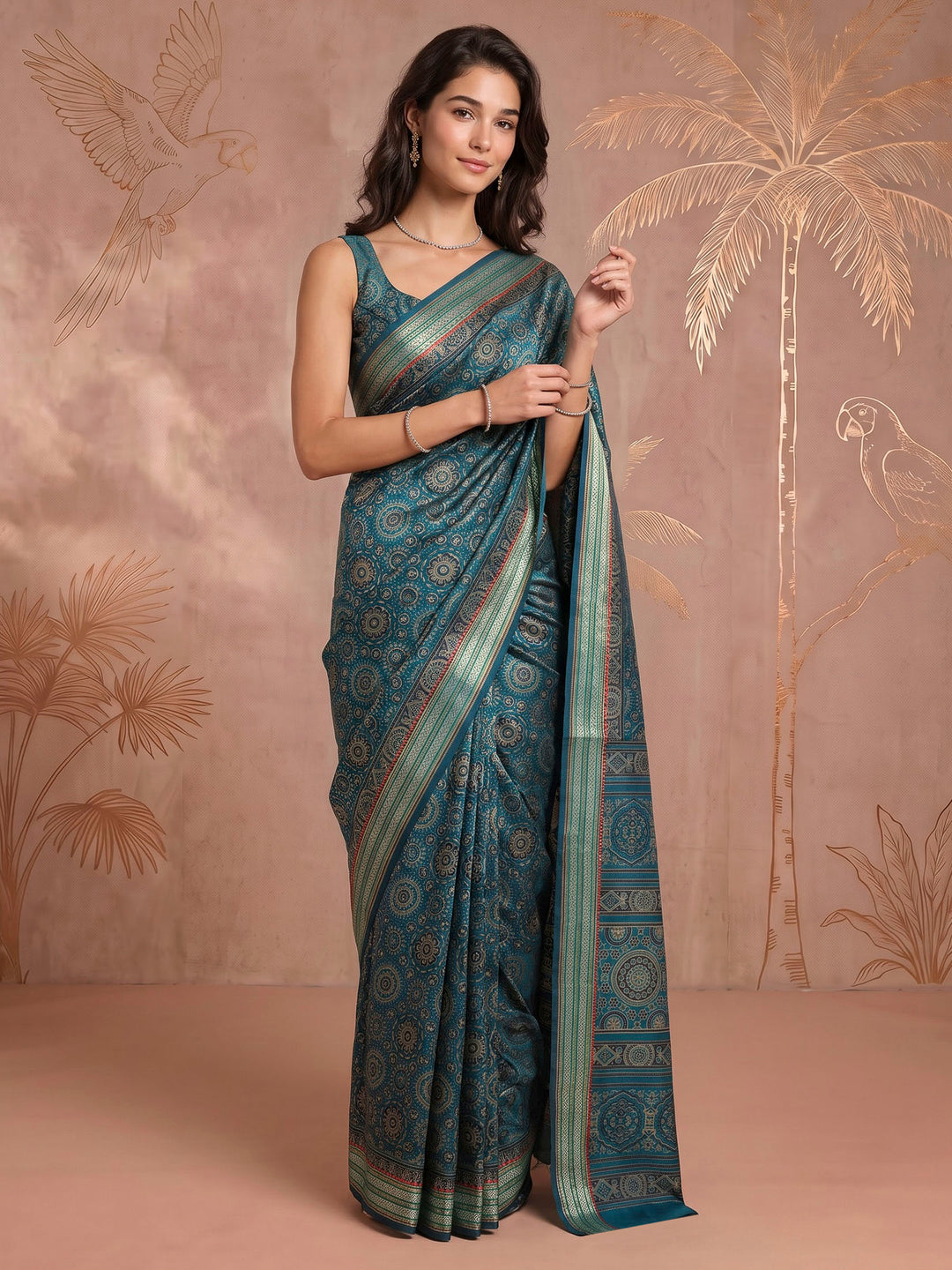 Blue Cotton Blend Printed Saree