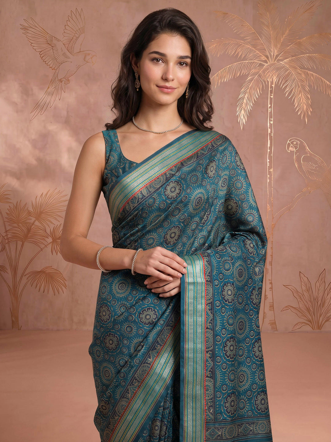 Blue Cotton Blend Printed Saree