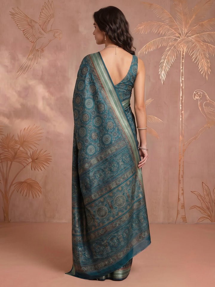 Blue Cotton Blend Printed Saree