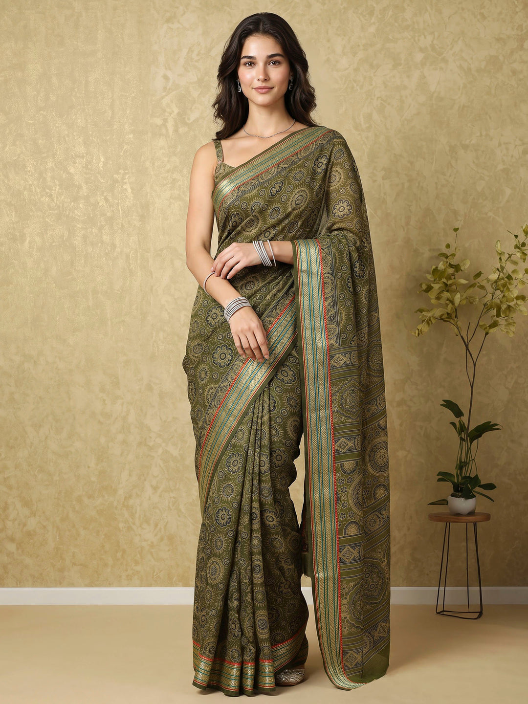 Green Cotton Blend Printed Saree
