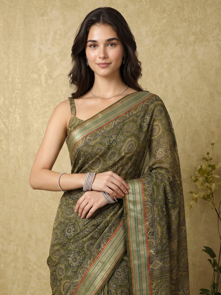 Green Cotton Blend Printed Saree