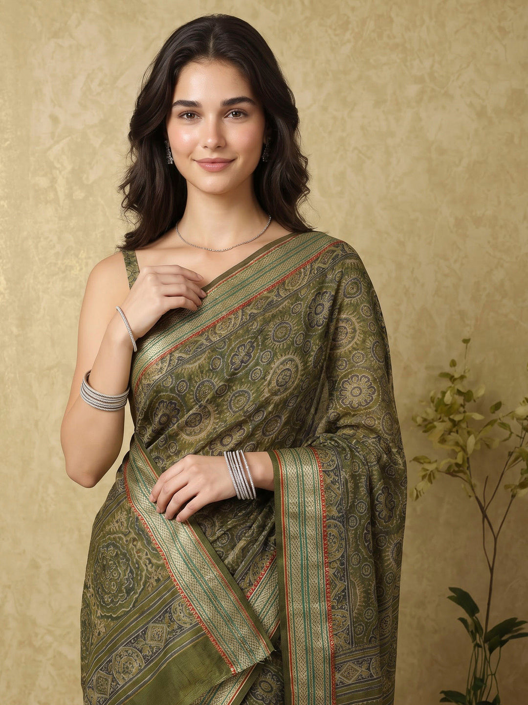 Green Cotton Blend Printed Saree