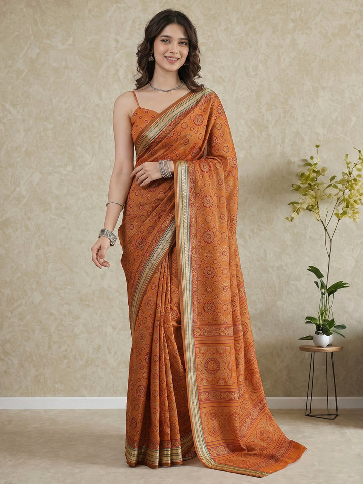 Mustard Cotton Blend Printed Saree