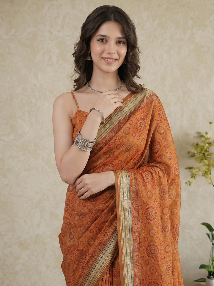 Mustard Cotton Blend Printed Saree