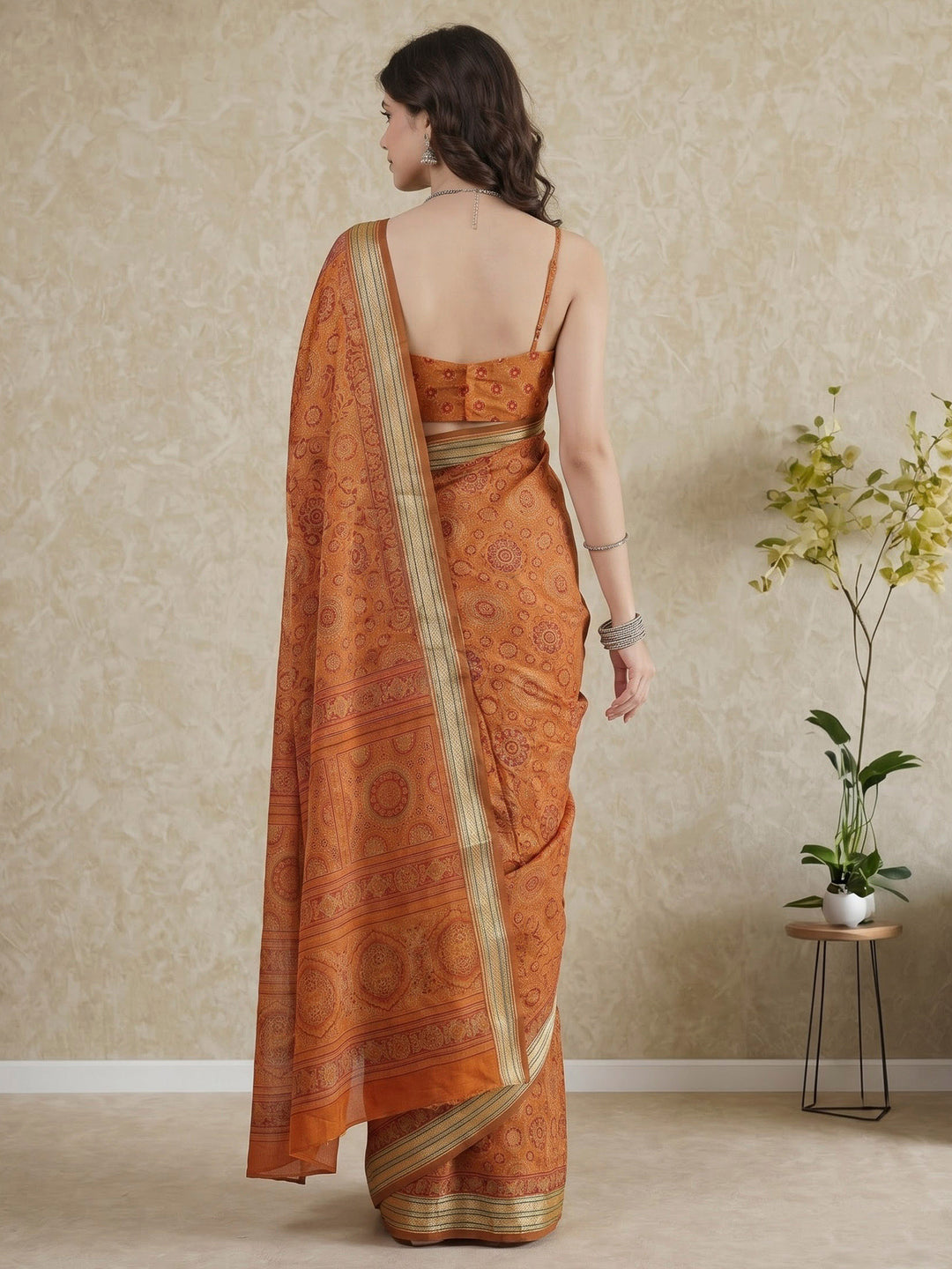 Mustard Cotton Blend Printed Saree