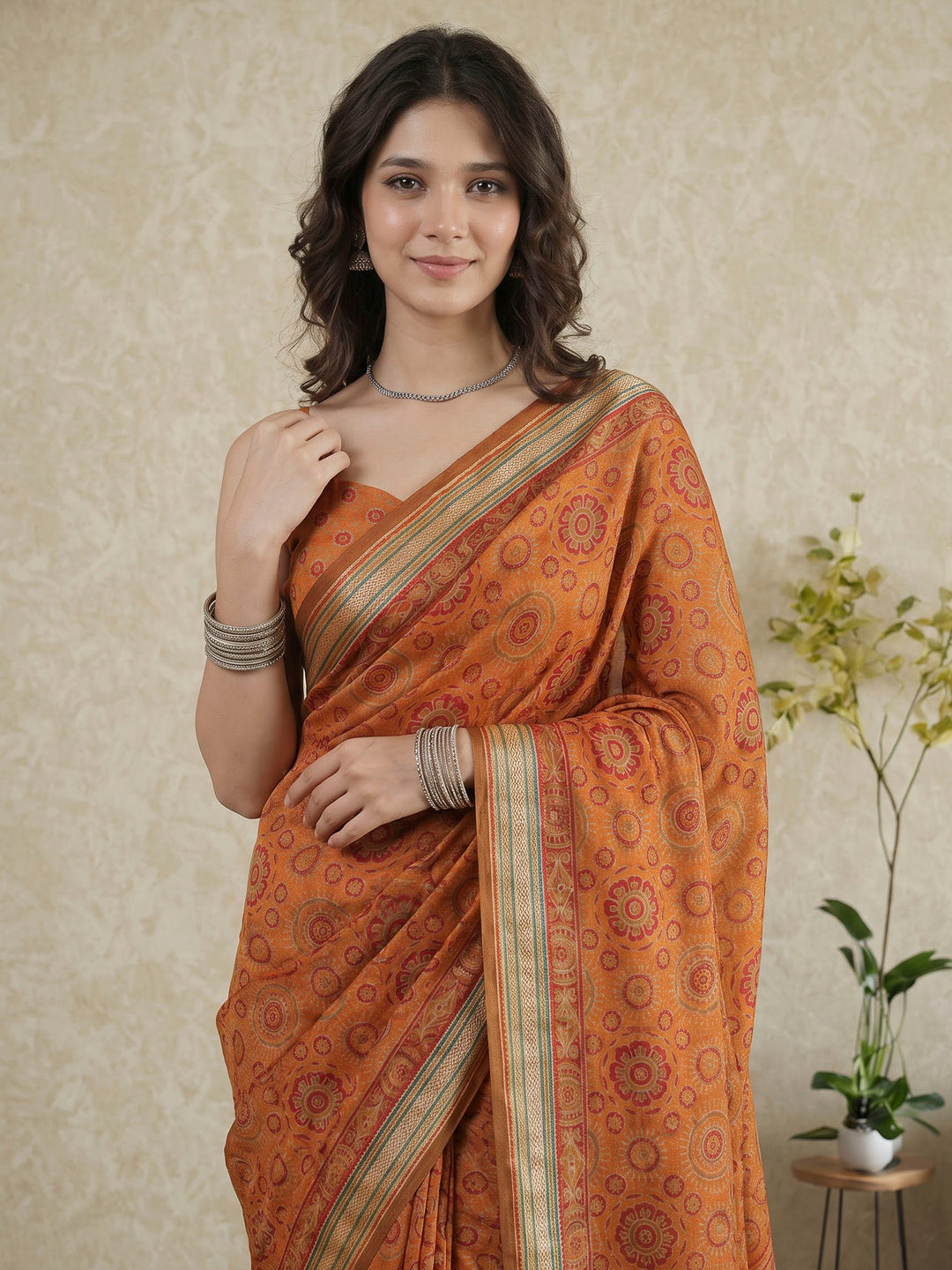 Mustard Cotton Blend Printed Saree
