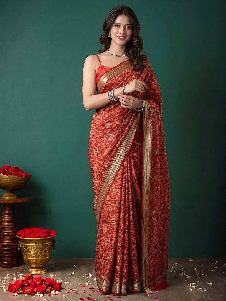 Red Cotton Blend Printed Saree