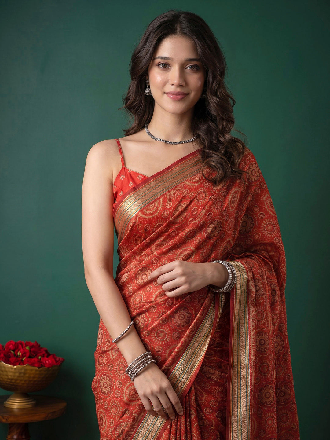 Red Cotton Blend Printed Saree