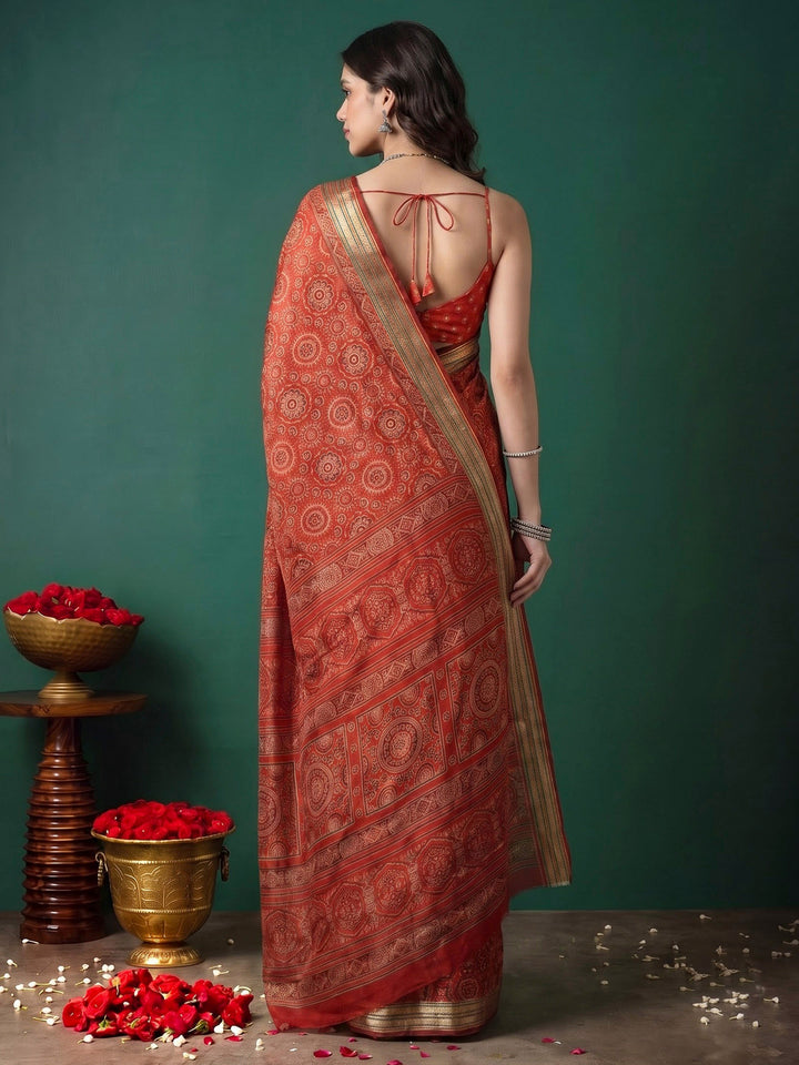 Red Cotton Blend Printed Saree