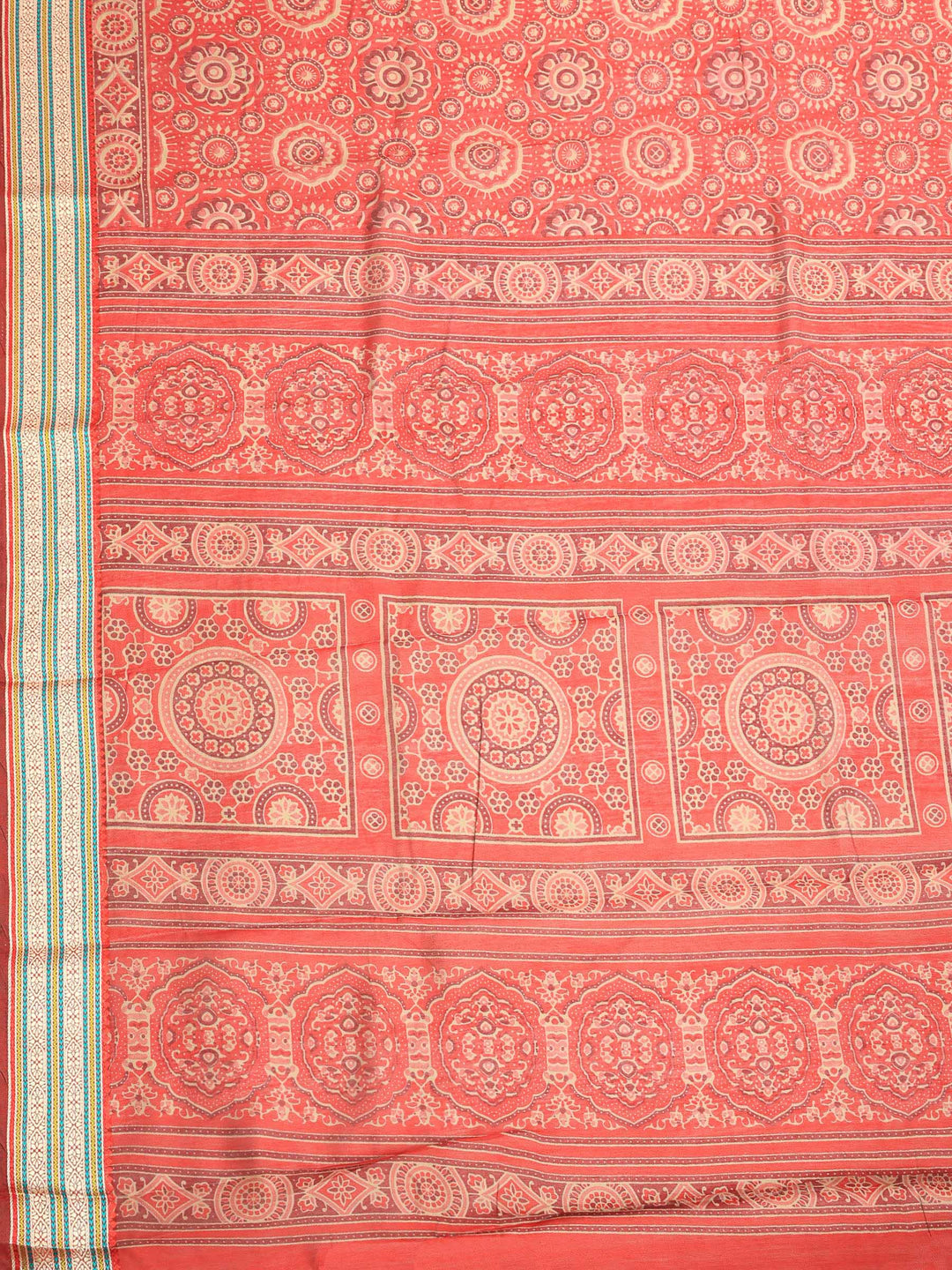 Red Cotton Blend Printed Saree