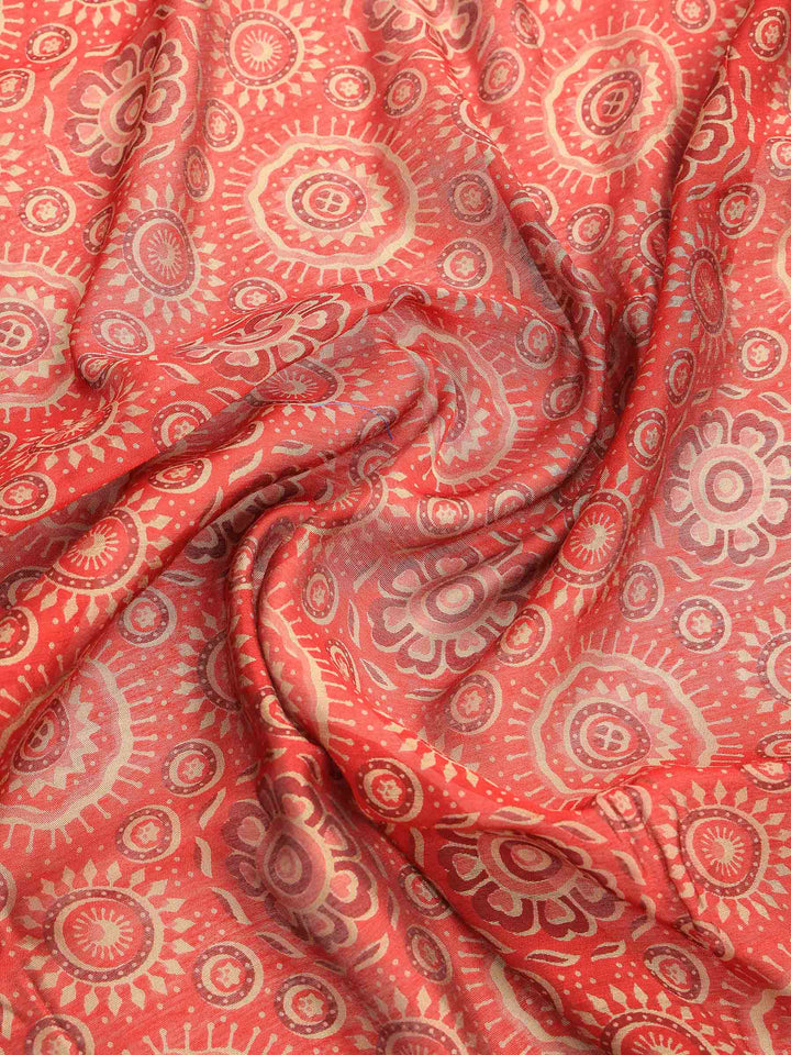 Red Cotton Blend Printed Saree