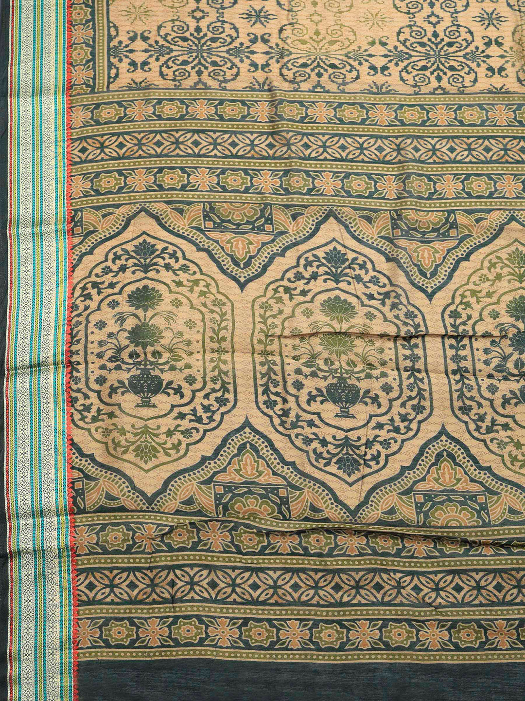 Green Cotton Blend Printed Saree