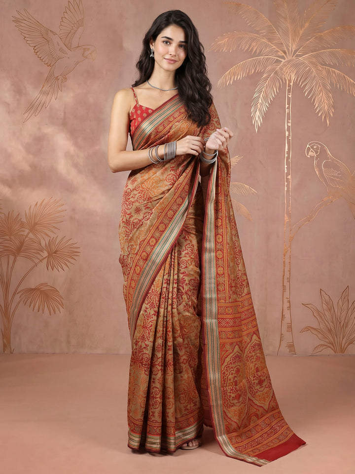 Magenta Cotton Blend Printed Saree