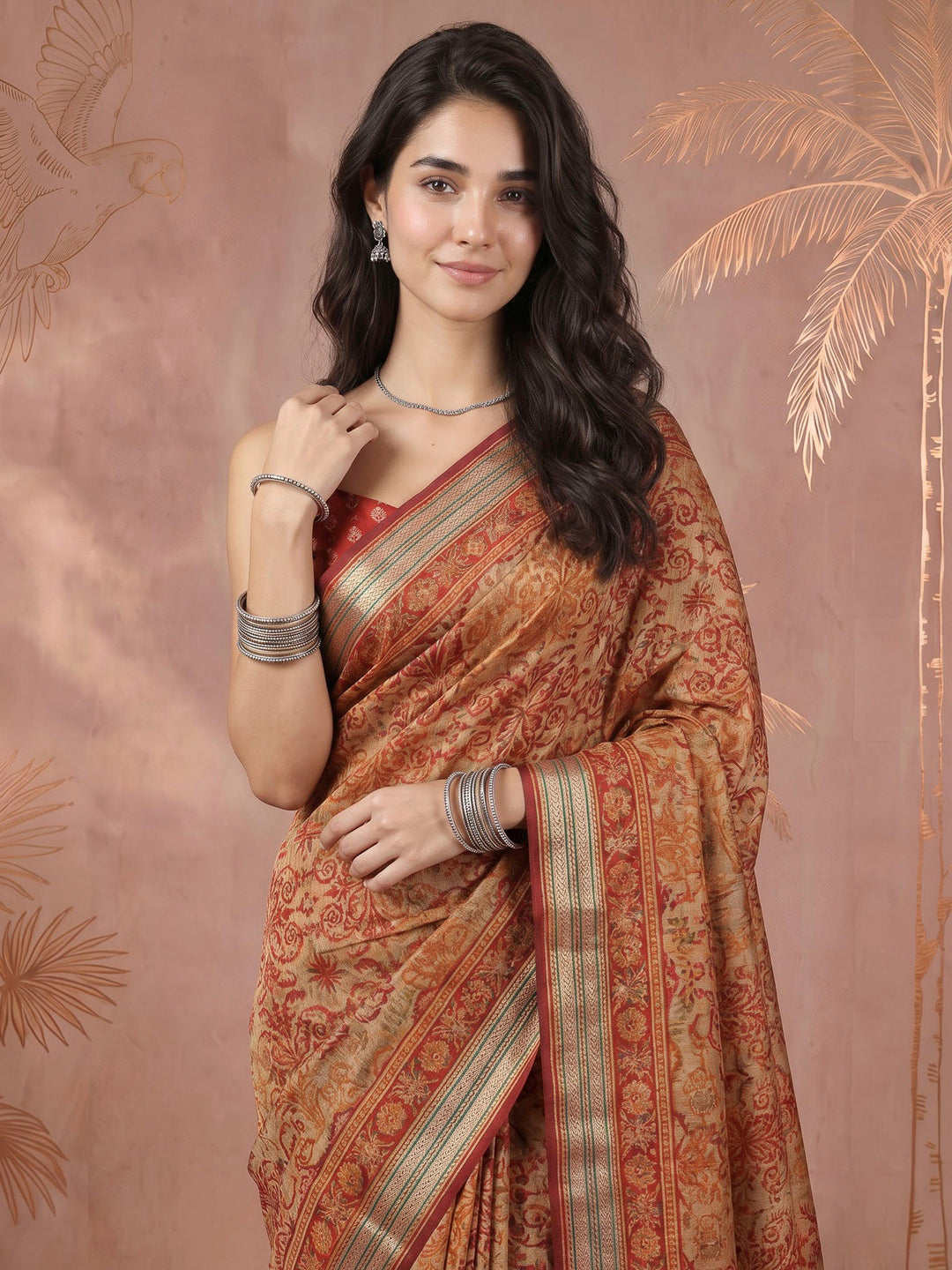 Magenta Cotton Blend Printed Saree