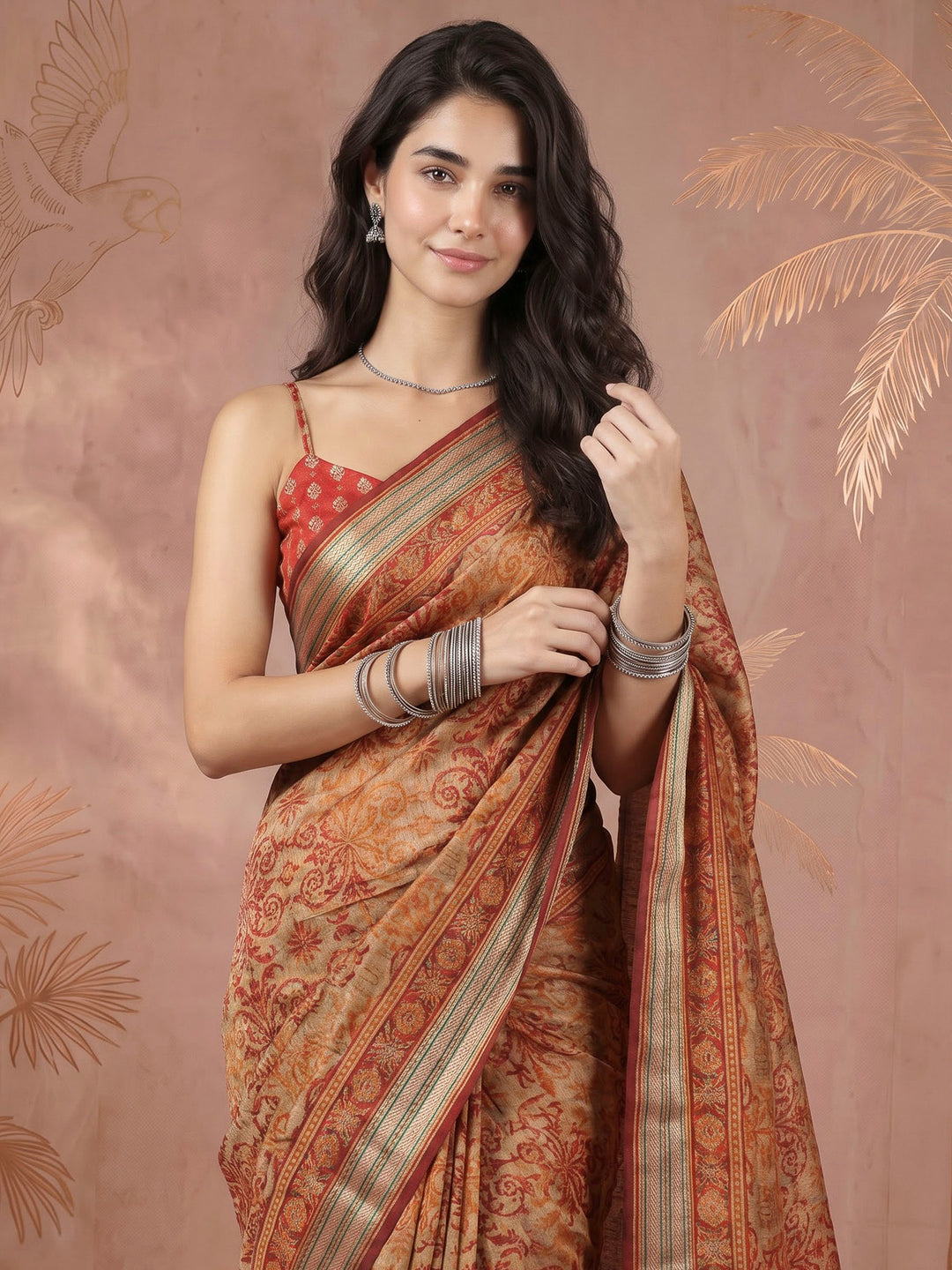 Magenta Cotton Blend Printed Saree