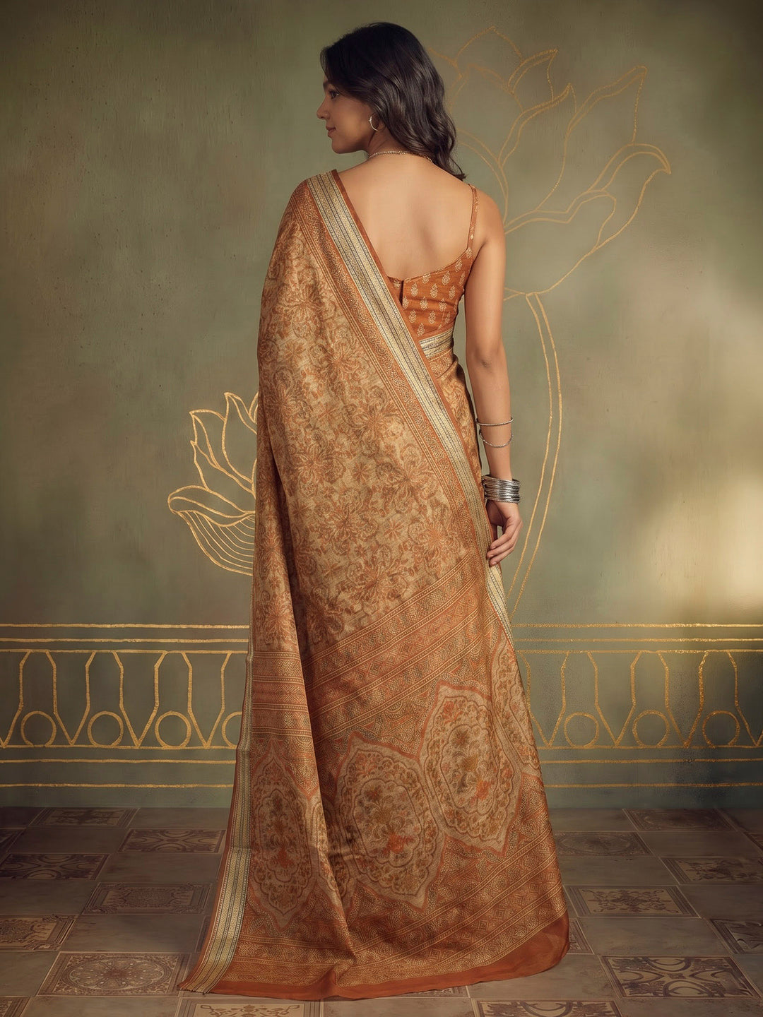 Mustard Cotton Blend Printed Saree