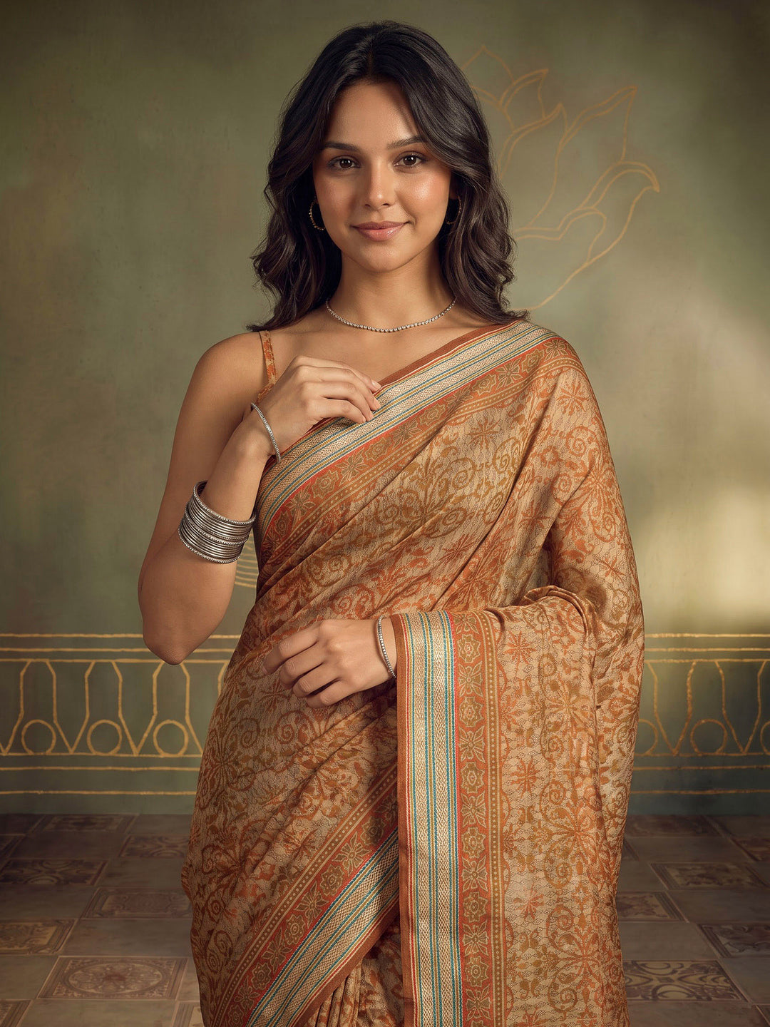 Mustard Cotton Blend Printed Saree