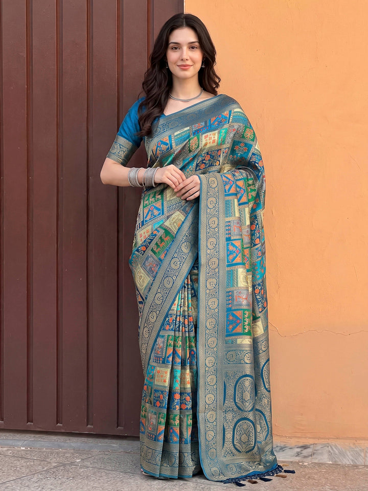 Lake Blue Satin Woven Saree