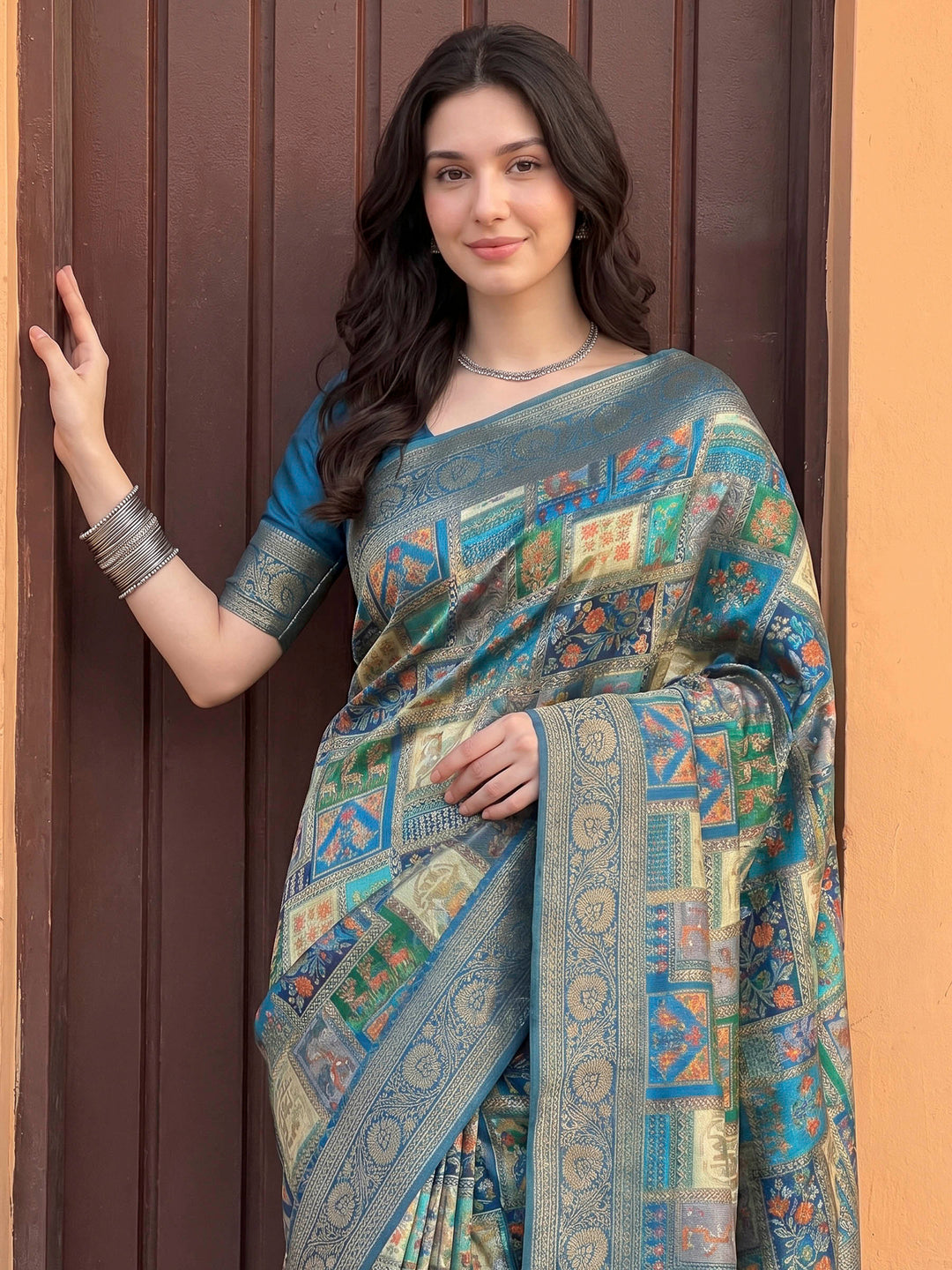 Lake Blue Satin Woven Saree