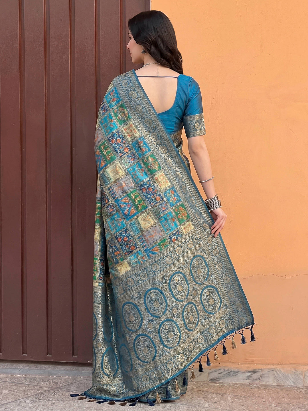 Lake Blue Satin Woven Saree