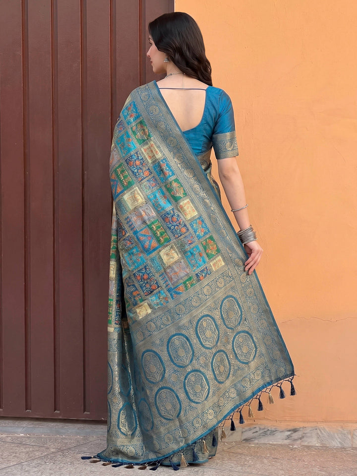 Lake Blue Satin Woven Saree