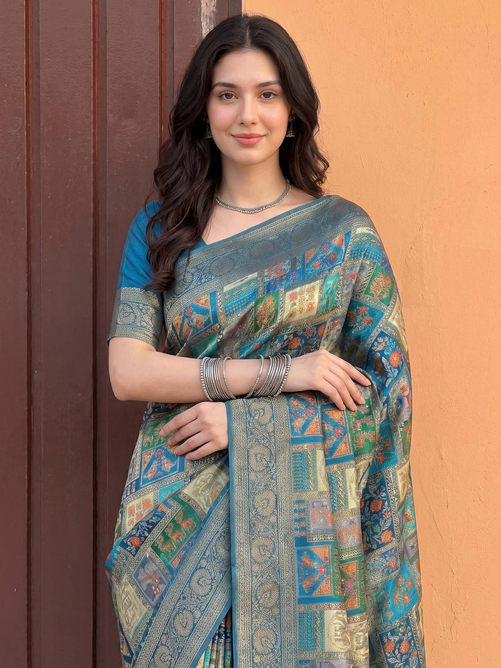 Lake Blue Satin Woven Saree