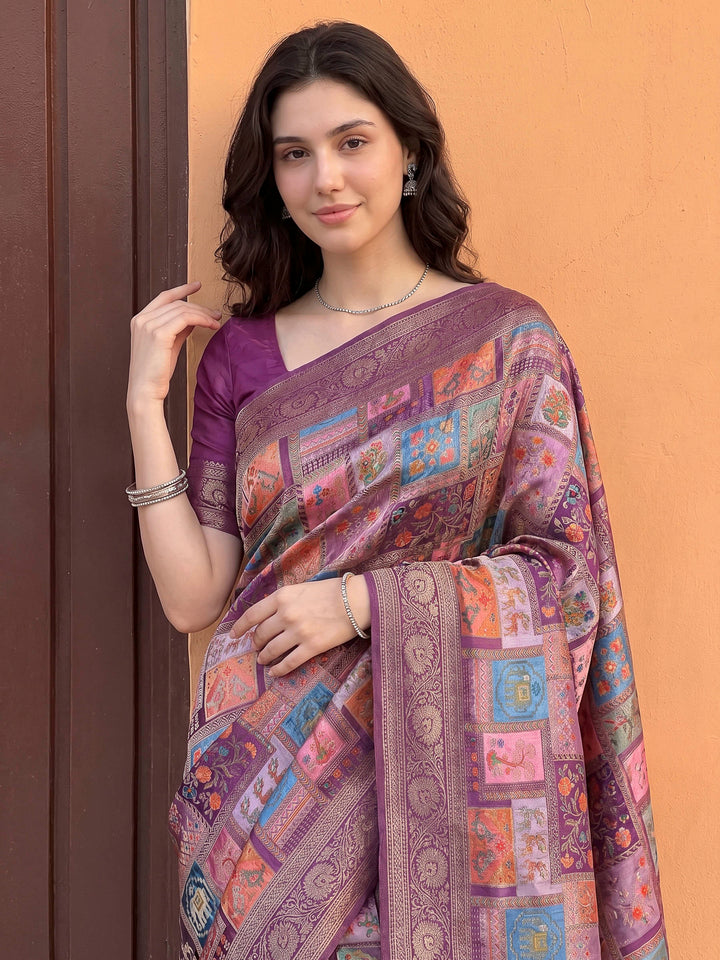 Onion Pink Satin Woven Saree