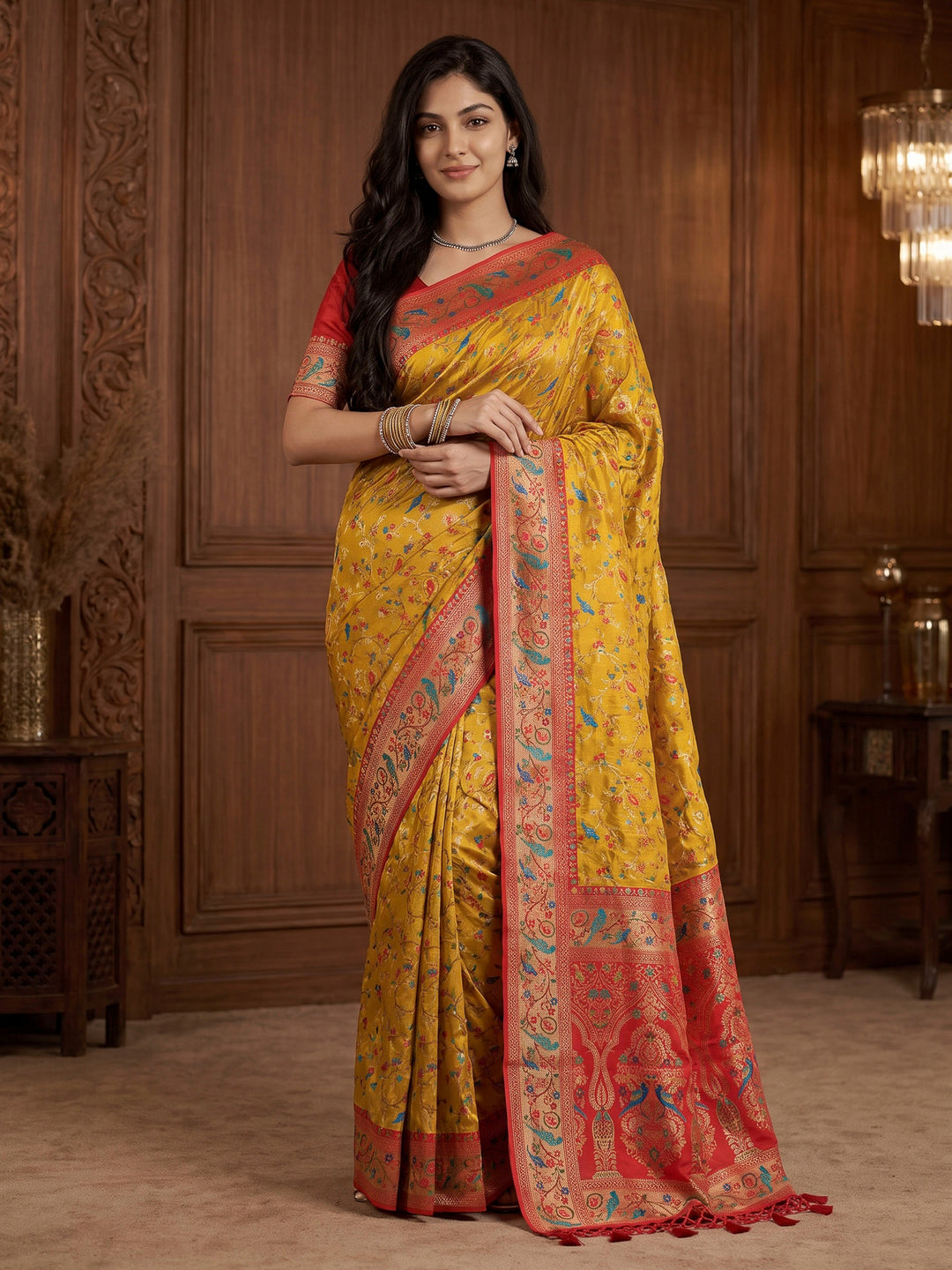 Mustard Satin Woven Saree