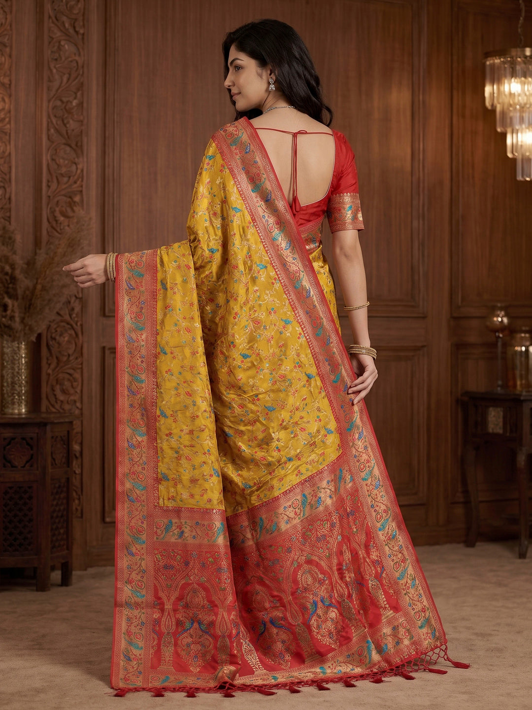 Mustard Satin Woven Saree