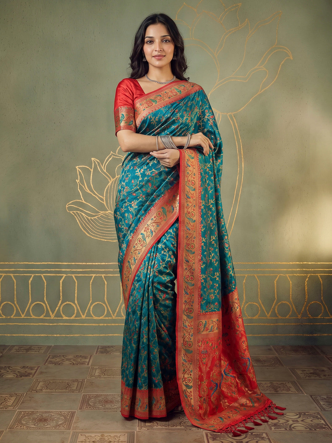 Rama Green Satin Woven Saree