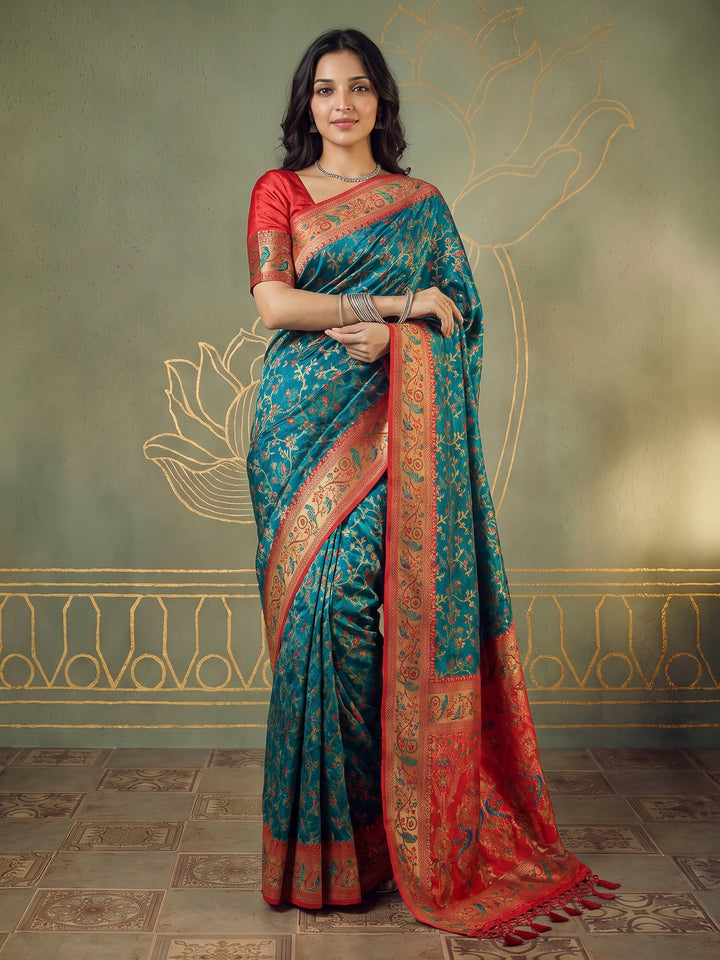 Rama Green Satin Woven Saree