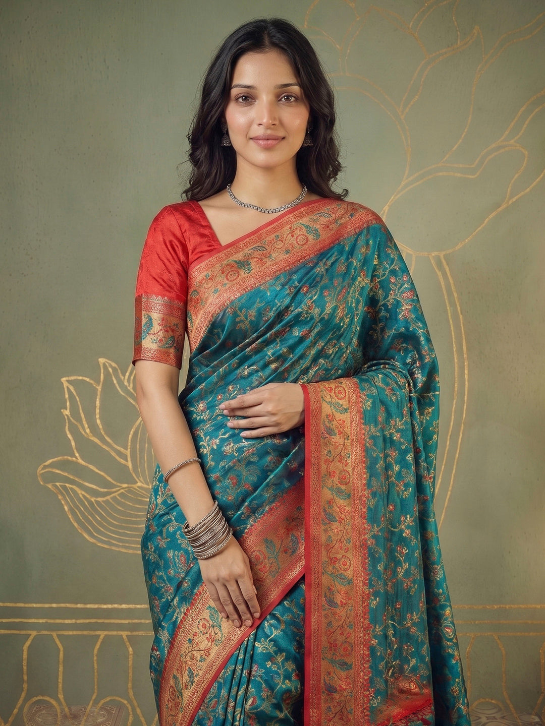 Rama Green Satin Woven Saree