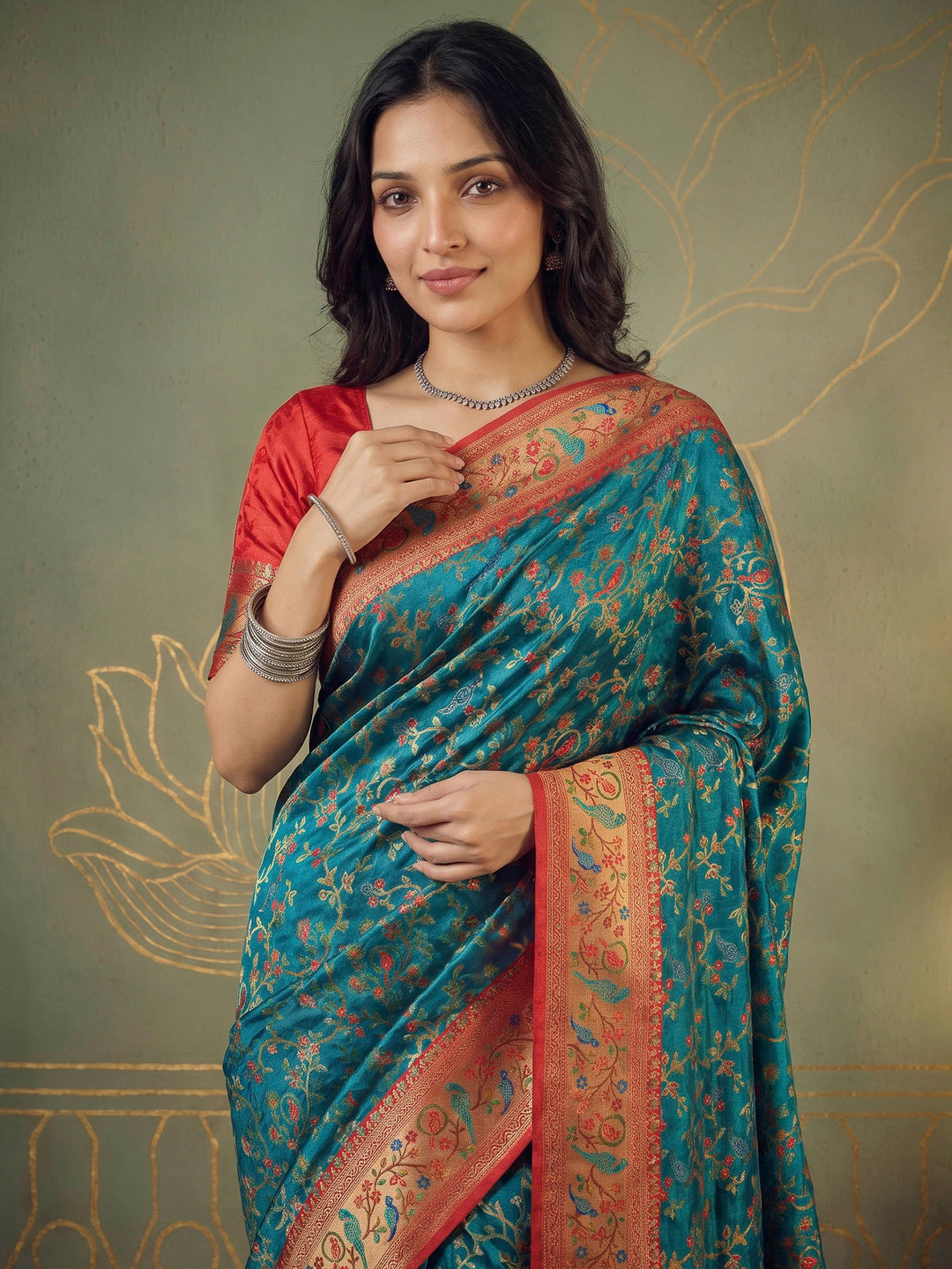 Rama Green Satin Woven Saree