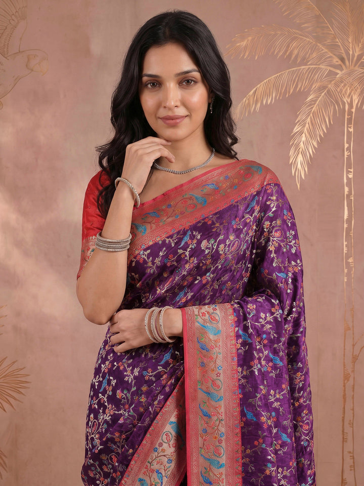 Wine Satin Woven Saree