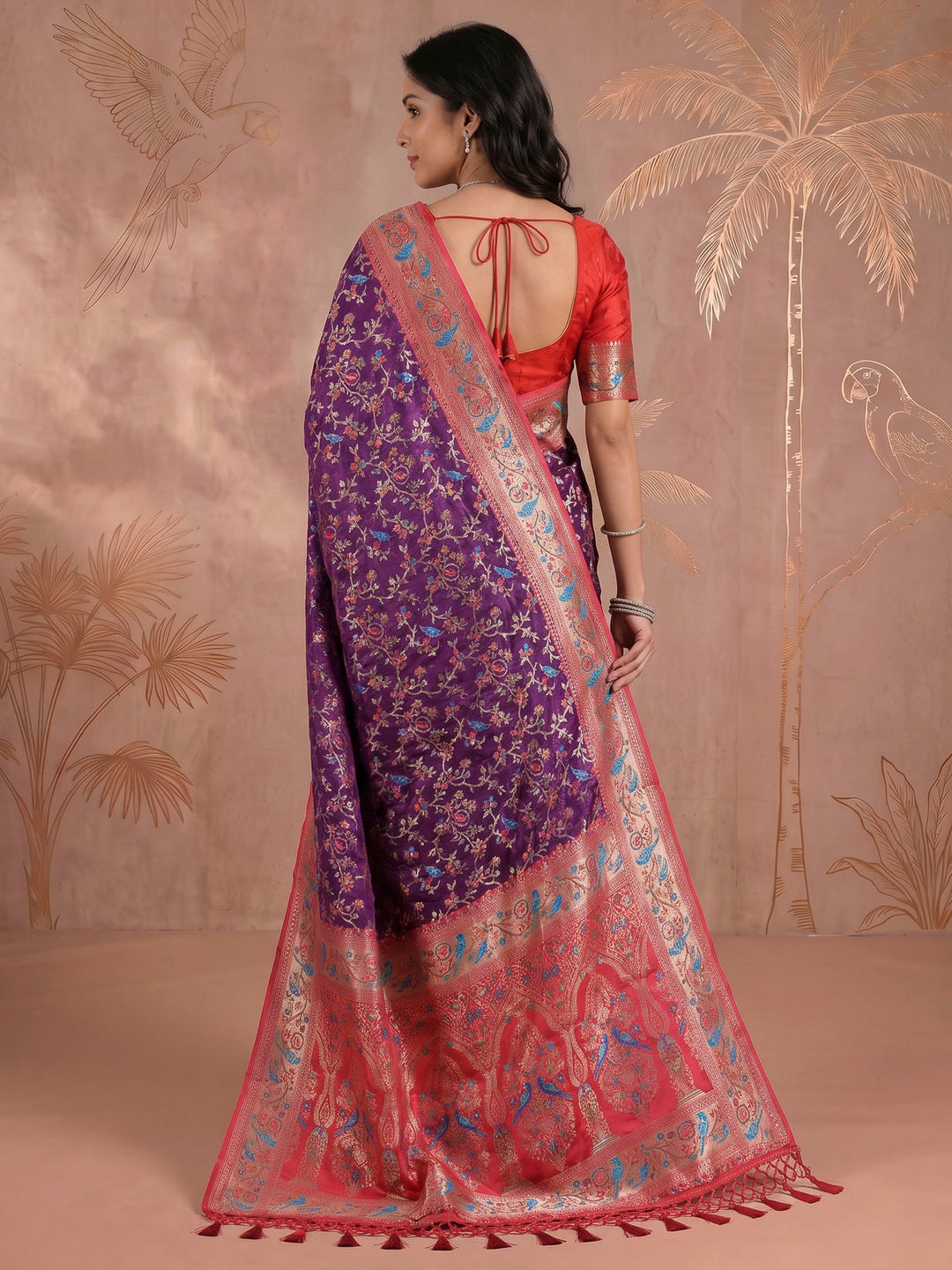 Wine Satin Woven Saree
